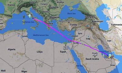 Etihad's eco-flight from Abu Dhabi to Rome made use of flight optimisation and successfully avoided 1,386kg of CO2 through operational efficiencies alone. Courtesy FlightRadar24