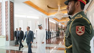 Sheikh Mohammed bin Zayed, Crown Prince of Abu Dhabi and Deputy Supreme Commander of the UAE Armed Forces (2nd R), bids farewell to Abdel Fattah El Sisi, President of Egypt (3rd R), at the Presidential Airport. Mohamed Al Hammadi / Crown Prince Court - Abu Dhabi