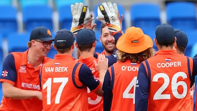 Netherlands' Paul van Meekeren celebrates his wicket of Bangladesh's Yasir Ali. AFP