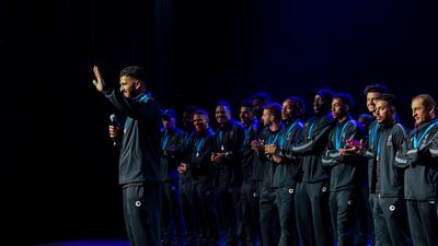 Al Hilal players on stage after arriving back in Riyadh from the Fifa Club World Cup. Photo: Al Hilal