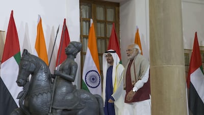 Sheikh Mohamed bin Zayed, Crown Prince of Abu Dhabi Deputy Supreme Commander of the Armed Forces, is received by Narendra Modi, prime minister of India, during an official visit to India. Mohamed Al Hammadi / Crown Prince Court - Abu Dhabi