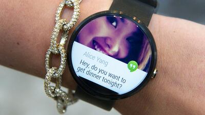 Above, a Moto 36 during the Google I/O developers conference in June, one of the first three devices to run the Android Wear platform. David Paul Morris / Bloomberg News