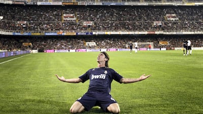 Sergio Ramos celebrates a goal during La Liga match against Valencia in 2007.