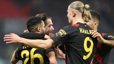 City players celebrate after taking the lead. AP