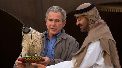 Former US President George W Bush with President Sheikh Mohamed, who was then Crown Prince of Abu Dhabi and Deputy Supreme Commander of the UAE armed forces, in the UAE capital in 2008. AFP