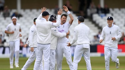 James Anderson of England celebrates dismissing New Zealand captain Tom Latham for four. Getty