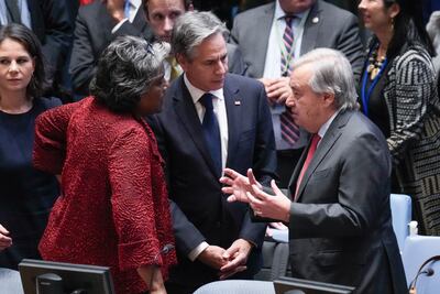 UN Secretary General Antonio Guterres, right, talks before a Security Council meeting in New York on Tuesday where he said the October 7 Hamas attacks 'did not happen in a vacuum' because the Palestinian people had been 'subjected to 56 years of suffocating occupation'. AP