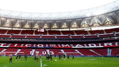 Atletico Madrid's players in action during a training session at Wanda Metropolitano Stadium in Madrid. EPA