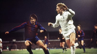 Barcelona defender Jose Antonio 'Pepito' Ramos, left, shadows Tottenham midfielder Micky Hazard during the 1982 European Cup Winners' Cup semi-final first leg at White Hart Lane. The match finished 1-1. Colorsport/REX/Shutterstock