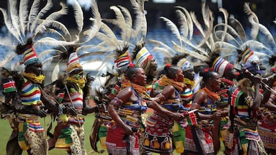 Traditional dancers perform at the Kasarani stadium in Nairobi during celebrations marking 50 years’ independence from Britain. Simon Maina / AFP