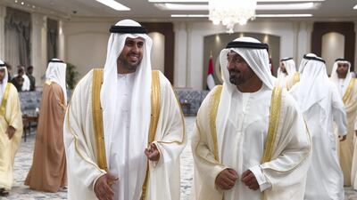 Sheikh Theyab bin Mohammed, left, and Sheikh Ahmed bin Saeed Al Maktoum, President of the Department of Civil Aviation, CEO and Chairman of The Emirates Group, and Chairman of Dubai World. Saeed Al Neyadi / Crown Prince Court - Abu Dhabi