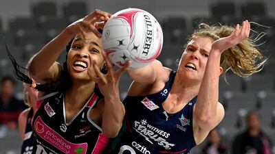 Adelaide Thunderbirds' Shamera Sterling battles with Tegan Philip of the Melbourne Vixens during the Super Netball match at Nissan Arena in Brisbane, Australia, on Wednesday, August 26. Getty