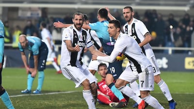 Juventus' Cristiano Ronaldo (R) jubilates after scoring the goal during the Italian Serie A soccer match Atalanta BC vs Juventus FC at the Atleti Azzurri d'Italia stadium in Bergamo, Italy. EPA
