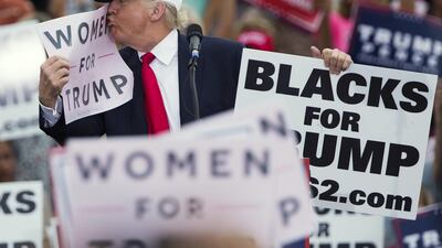 Republican presidential candidate Donald Trump kisses a "Women for Trump" sign during a campaign rally on October 12, 2016, in Lakeland, Florida. Evan Vucci/AP Photo