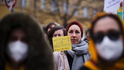 Protesters rally in support of the women of Iran on International Women's Day in Berlin. AP