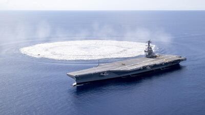 The aircraft carrier USS Gerald R. Ford (CVN 78) completes the first scheduled explosive event of Full Ship Shock Trials while underway in the Atlantic Ocean, June 18, 2021. The US Navy conducts shock trials of new ship designs using live explosives to confirm that warships can continue to meet demanding mission requirements under harsh conditions they might encounter in battle. Photo: US Navy