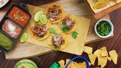 Sharing starters: salsa and chips, guacamole, mushroom quesadilla, chicken taquitos dorados, mini pockets of shredded beef salpicon tostada and lime-drenched ceviche de atum (tuna). Courtesy Park Inn by Radisson Abu Dhabi