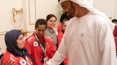 Sheikh Mohamed greets UAE Special Olympic athletes. Photo: Special Olympics UAE