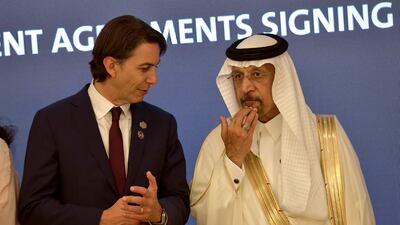 Amos Hochstein, US senior adviser for energy security, with Saudi Arabia's Investment Minister Khalid Al Falih during an investment agreement signing ceremony in Jeddah on Friday. AFP