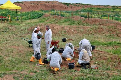 Investigators begin the exhumation of a mass grave in Iraq's north-western region of Sinjar on March 15, 2019. AP Photo