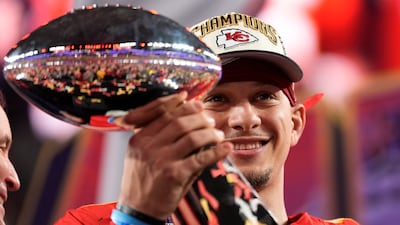 Patrick Mahomes holds the Vince Lombardi Trophy after guiding the Kansas City Chiefs to the NFL Super Bowl 58 title with a 25-22 overtime win over the San Francisco 49ers on Sunday, February 11, 2024. AP