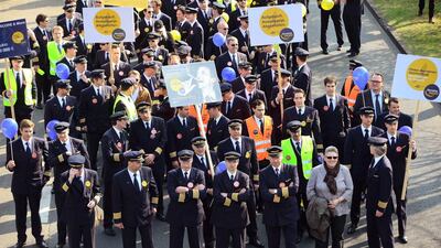 Striking Lufthansa pilots gather to protest at Frankfurt Airport. Thomas Lohnes/ Getty Images