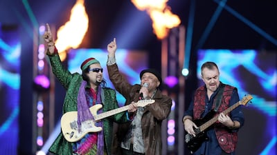 Junoon perform at the opening ceremony of the 2019 Pakistan Super League at the Dubai International Cricket Stadium on Thursday. Chris Whiteoak / The National