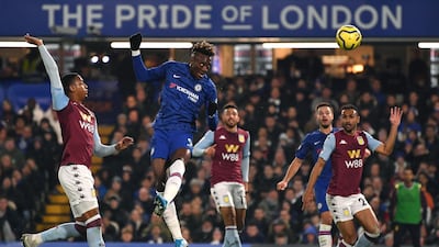Chelsea striker Tammy Abraham scores the first goal against Aston Villa. Getty Images