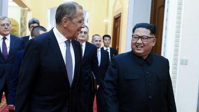 Russian Foreign Minister Sergei Lavrov (L) meets with North Korean leader Kim Jong Un in Pyongyang on May 31, 2018. / AFP / TASS/POOL / Valery SHARIFULIN