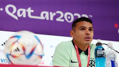 Thiago Silva of Brazil at a press conference in Doha on Wednesday, November 23, 2022, on the eve of his side's World Cup Group G opener against Serbia. Getty