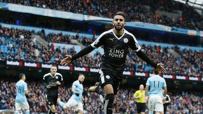 Leicester City's Algerian midfielder Riyad Mahrez celebrates scoring his team's second goal during the English Premier League football match between Manchester City and Leicester City at the Etihad Stadium in Manchester, north west England, on February 6, 2016.