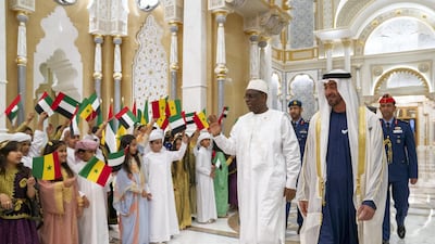 Sheikh Mohamed bin Zayed, Crown Prince of Abu Dhabi and Deputy Supreme Commander of the Armed Forces, right, and His Excellency Macky Sall, President of Senegal. Mohamed Al Hammadi / Ministry of Presidential Affairs