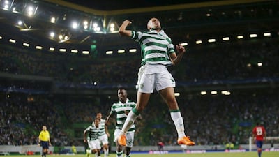 Sporting Lisbon's Islam Slimani celebrates his goal for a 2-1 advantage against CSKA Moscow in the Champions League play-off first leg match on Tuesday night. Rafael Marchante / Reuters