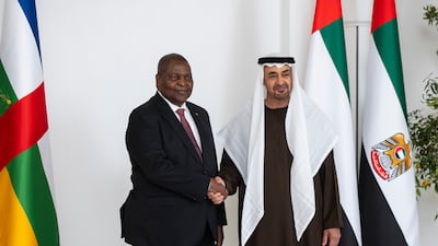 President Sheikh Mohamed receives Faustin-Archange Touadera, President of the Central African Republic, at Al Shati Palace in Abu Dhabi. UAE Presidential Court