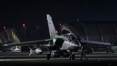 A handout photo made available by the British Ministry of Defence (MoD) showing a British Royal Air Force Tornado taxing before take off at RAF Akrotiri, Cyprus, 14 April 2018 after conducting strikes in Syria. EPA/ British Ministry of Defence.