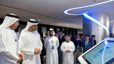 Sheikh Mohammed bin Zayed, Crown Prince of Abu Dhabi and Deputy Supreme Commander of the UAE Armed Forces and Amin Al Nasser, president and chief executive of Saudi Aramco (left), at the inauguration of the 'Panorama' artificial intelligence and Big Data centre at Adnoc headquarters in the capital Rashed Al Mansoori / Crown Prince Court - Abu Dhabi