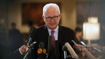 Stephen Bosworth, the US special envoy to North Korea, speaks to reporters in Beijing yesterday.