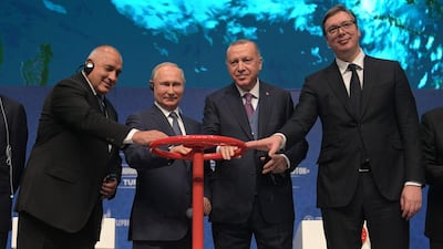 From ;eft, Bulgarian Prime Minister Boyko Borisov, Russian President Vladimir Putin, Turkish President Recep Tayyip Erdogan and Serbian President Aleksandar Vucic attend an inauguration ceremony of a new gas pipeline TurkStream in Istanbul. AFP
