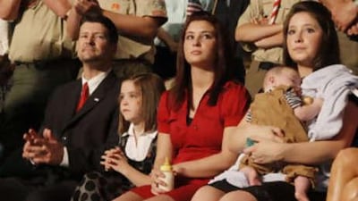 Bristol Palin, 17, holds her brother Trig during the campaign rally where the Republican presidential candidate, Senator John McCain, introduced the Alaska governor, Sarah Palin, as his vice presidential running mate in Dayton, Ohio on Aug 29 2008.