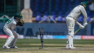 Australia batter Usman Khawaja is bowled out by Pakistan's Sajid Khan for 160. AFP