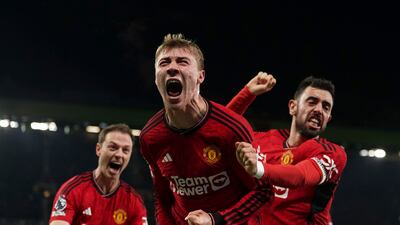 Manchester United's Rasmus Hojlund celebrates scoring their side's third goal against Aston Villa. PA