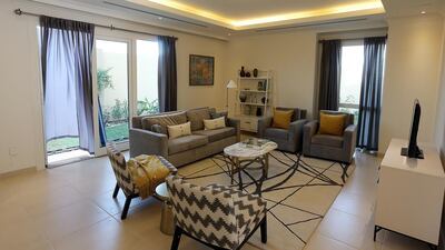 The living room area in a three-bedroom villa at Villa Lantana. Satish Kumar / The NationalSatish Kumar / The National