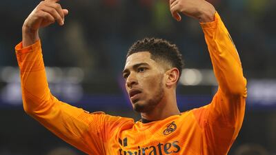 Real Madrid's Jude Bellingham celebrates their 3-2 victory over Manchester City at the Etihad Stadium. AP