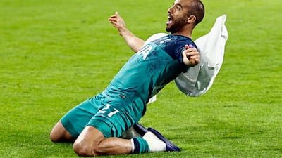 Tottenham's Lucas Moura celebrates in front of their fans after the match. Getty