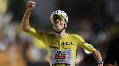 UAE Team Emirates-XRG's Tadej Pogacar celebrates after winning Stage 19 of the 2026 Tour de France. Reuters