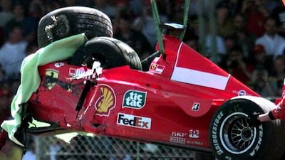 A brake failure at the British Grand Prix in 1999 left Michael Schumacher with a broken leg and ended his title hopes for that season. Max Nash / AP Photo
