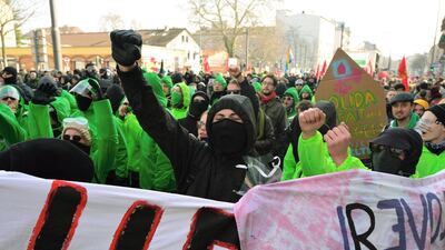 Some 10,000 people were expected for a rally in Frankfurt’s main square, the Roemerberg. Organisers have chartered a special train bringing demonstrators from Berlin and are bussing in others from around Germany and other European countries. Thomas Lohnes / Getty Images