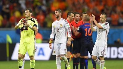 The World Cup seemed to be a bridge too far for Spainish defender Sergio Ramos after his exertions in helping Real Madrid win the Champions League. Sank without trace as Spain were utterly overrun and humiliated in their 5-1 defeat against the Netherlands, from which they never recovered. AP Photo/Manu Fernandez