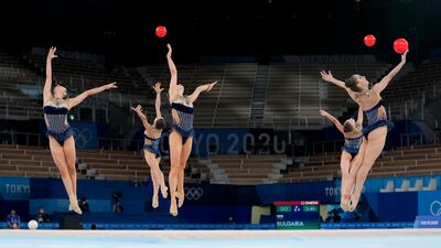 Bulgaria's rhythmic gymnastics' team, Simona Dyankova, Stefani Kiryakova, Madlen Radukanova, Laura Traets and Erika Zafirova.