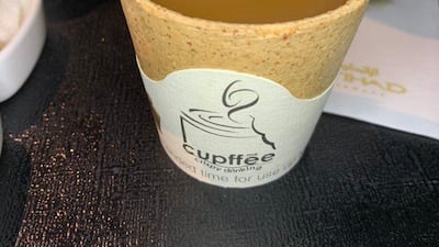The flight from Abu Dhabi to Brisbane also had edible coffee cups as well as wheat-straw toothbrushes and toothpaste tablets.